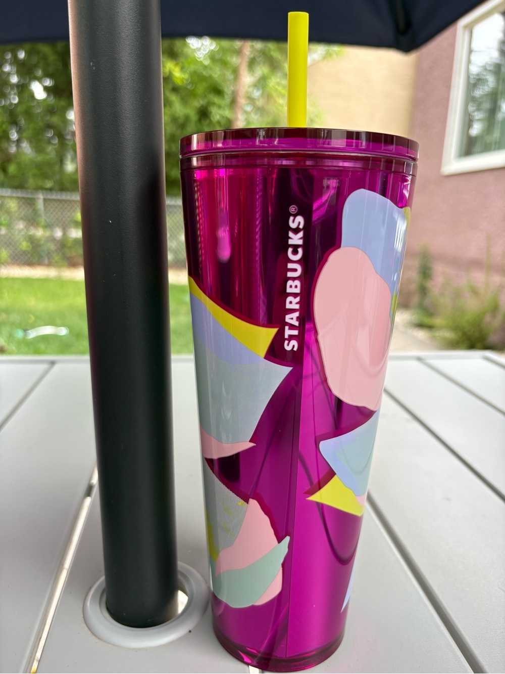 Starbucks Metallic Mirrored Fuchsia Floral Tumbler with Yellow Straw